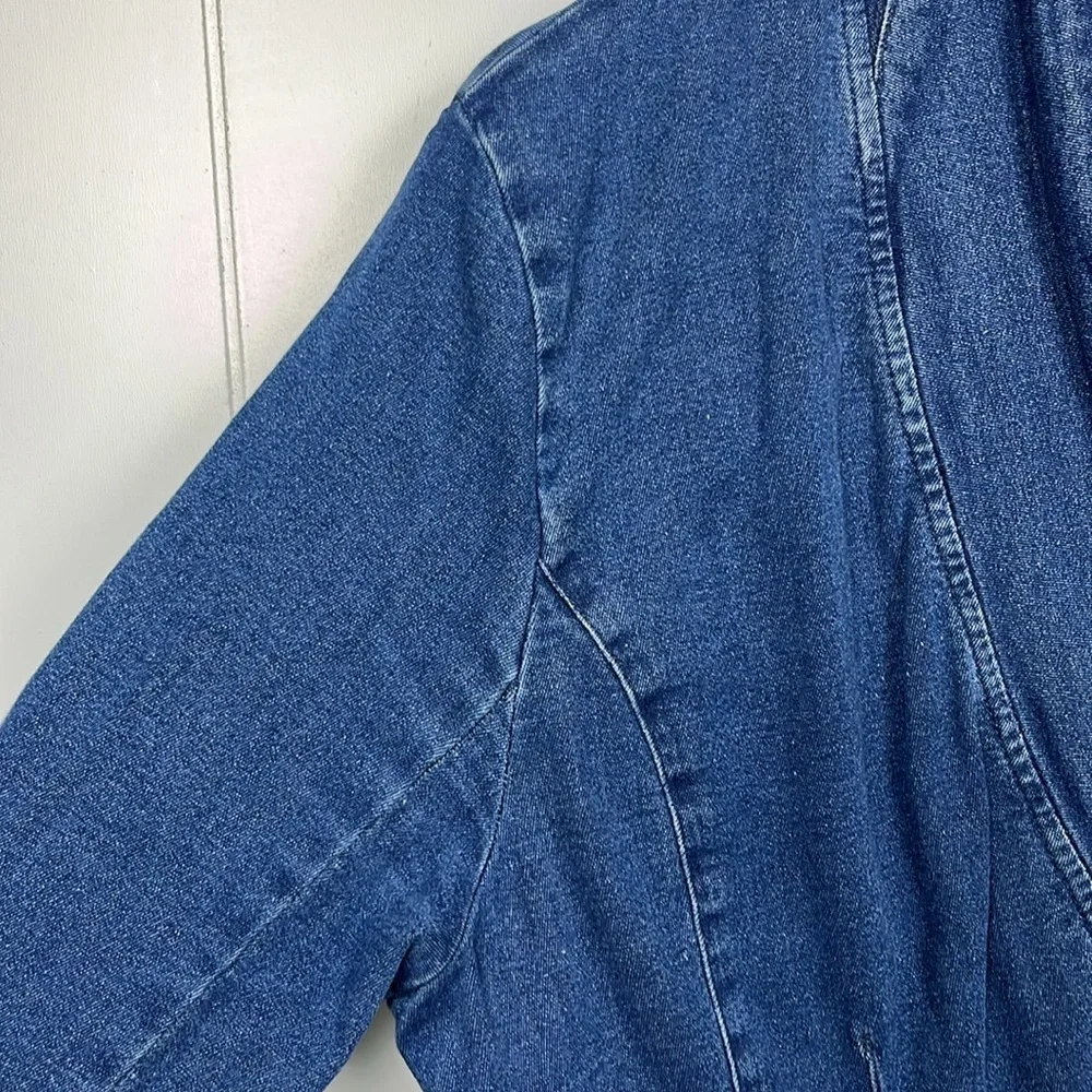 Helium Womens Denim Jacket L Dark Wash Open Front 1 Button Close Zip Pockets EUC